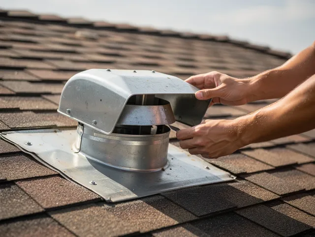 Seven Hills Dryer Vent Cleaning certified technician safely cleaning a roof-mounted dryer vent in Seven Hills